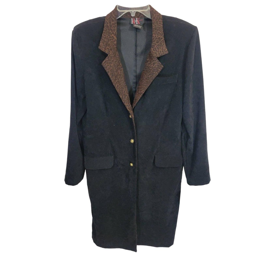 R&K Originals Blazer Coat Vtg 90s Leopard Collar Longline Faux Suede Black 14
